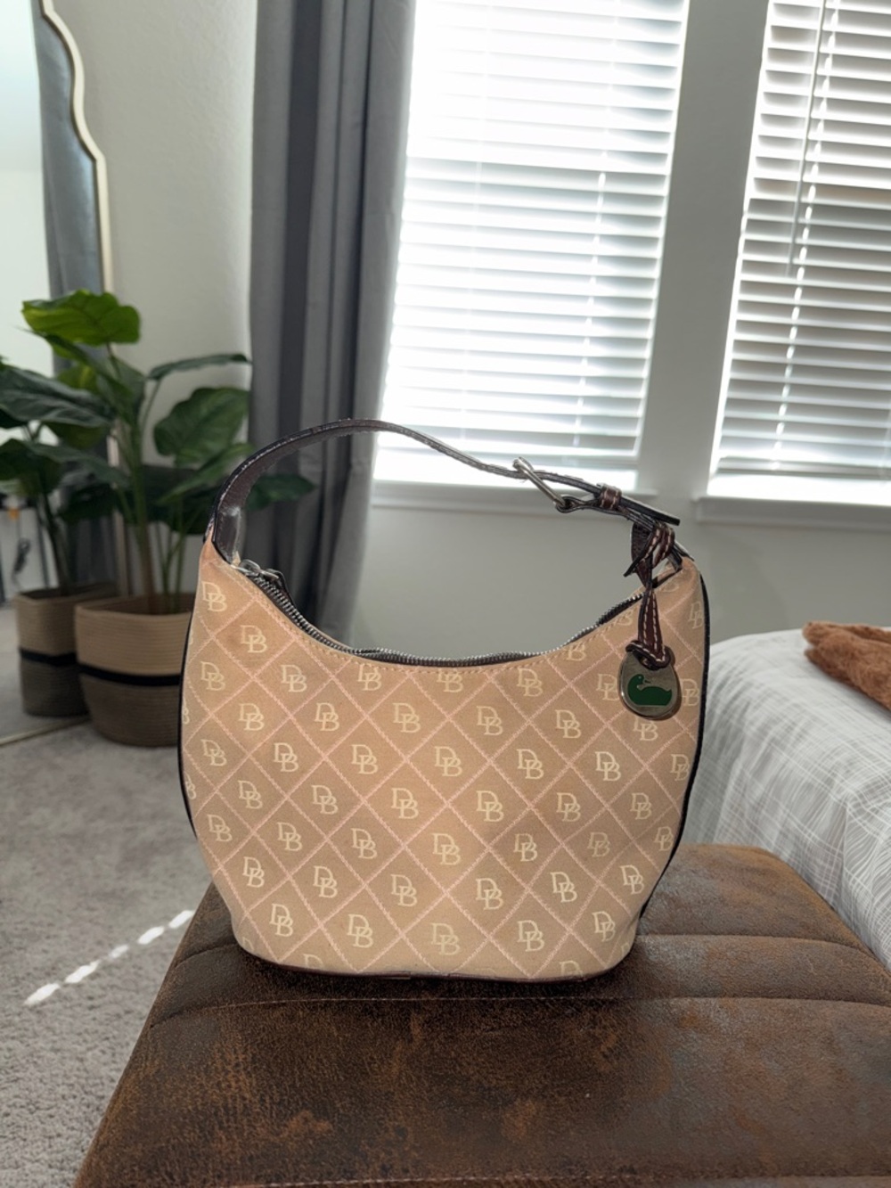 Dooney & Bourke Beige Monogram Mini Hobo with Dark Brown Trim